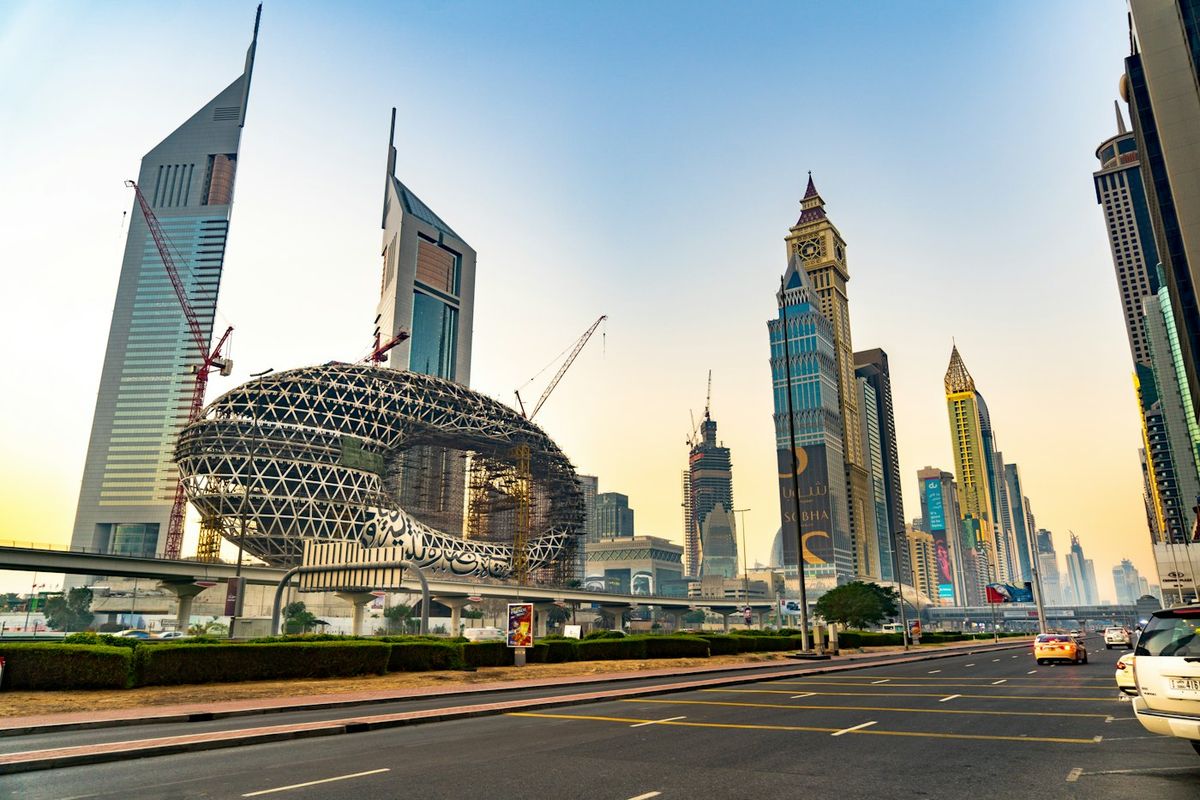 Dubai towers and a futuristic building along Sheikh Zayed Road
